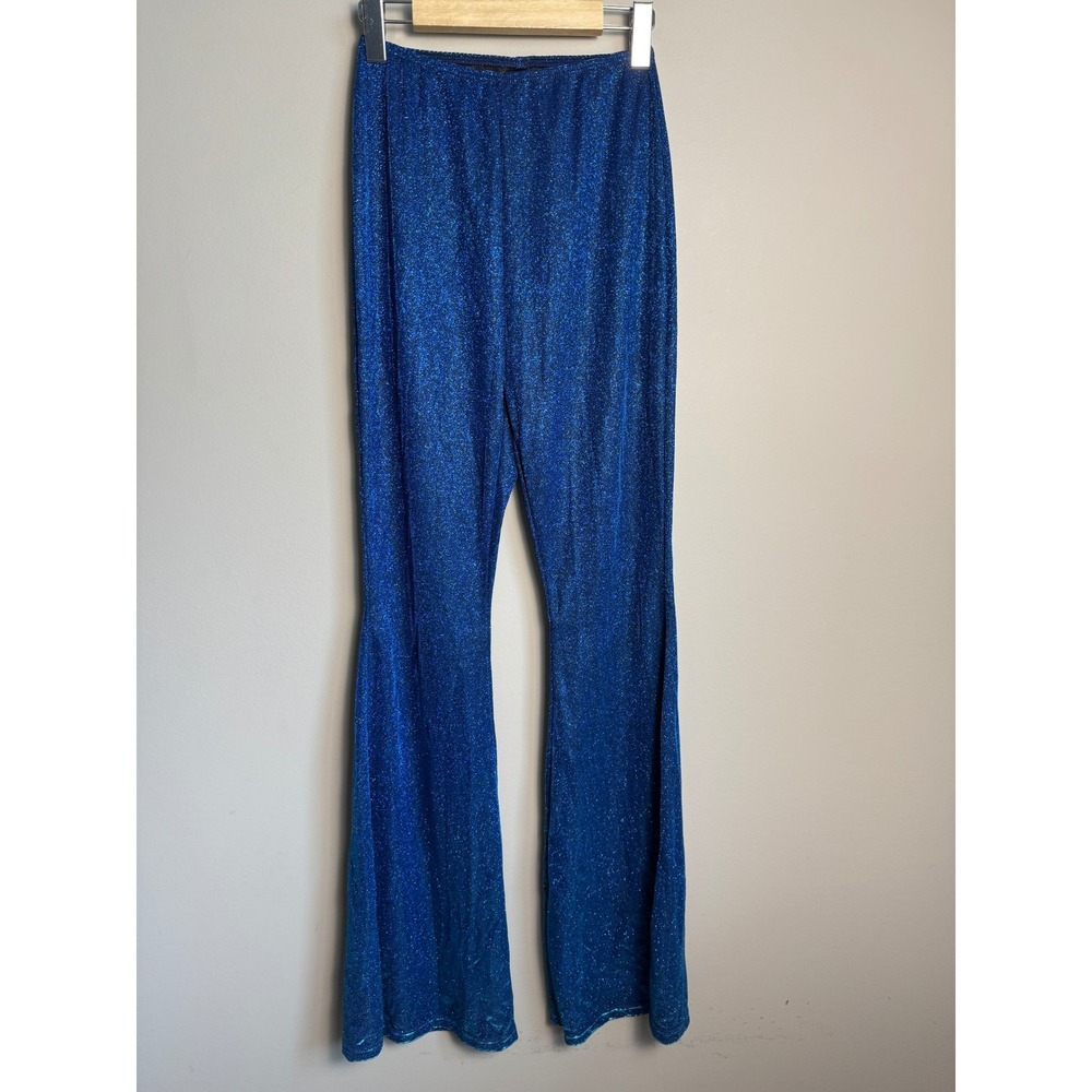 SHEIN Blue Metallic Glitter Flare Pant Small Disco Party Retro Festival Rave 70s